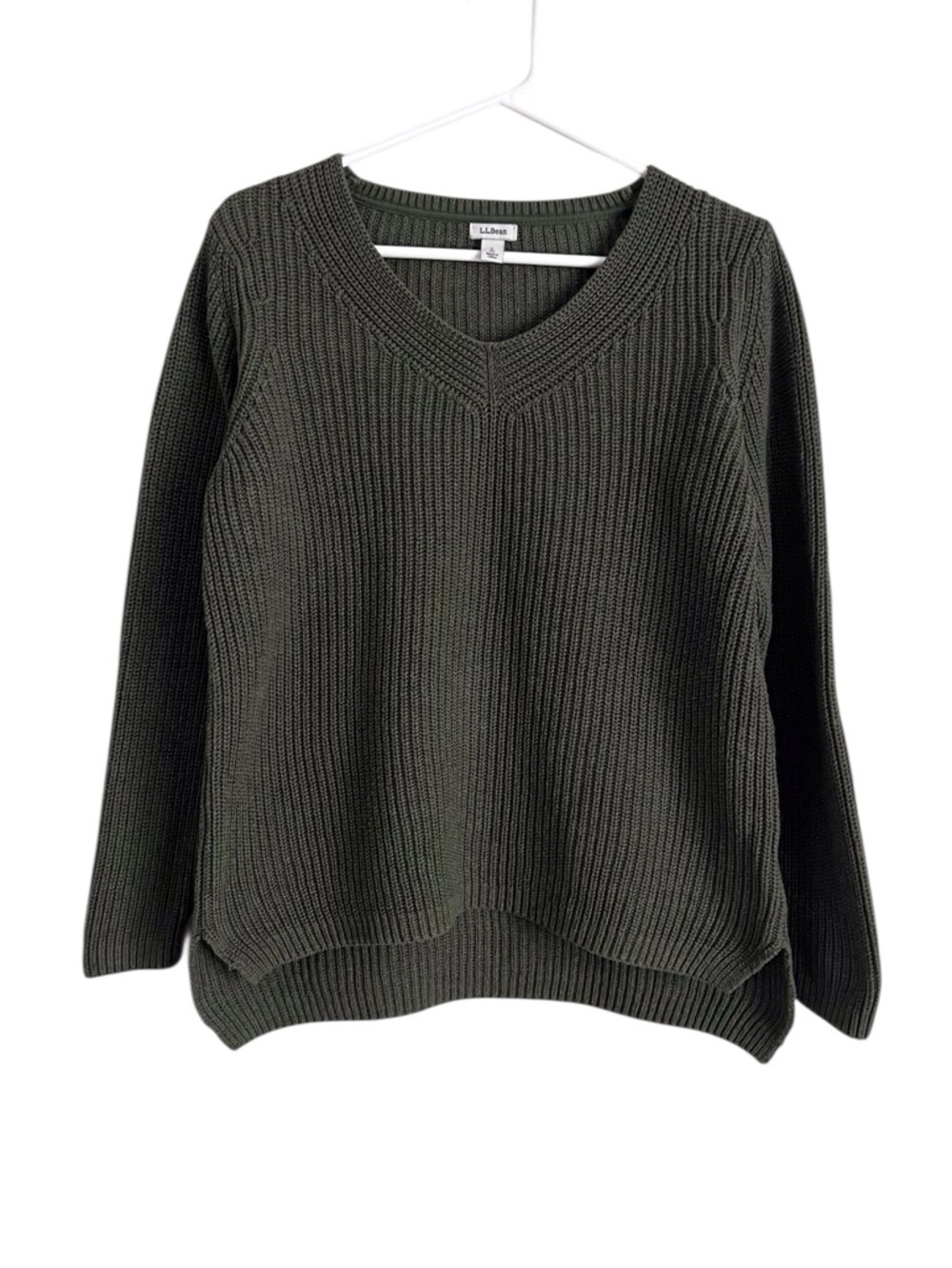 LL Bean Women Green V-Neck Sweater Cotton Coastal Classic Fisherman Large Petite